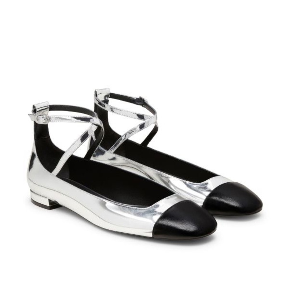 NEW Stuart Weitzman Eden Strap Cap-Toe Flats Silver/Black Women US 7M EU 37